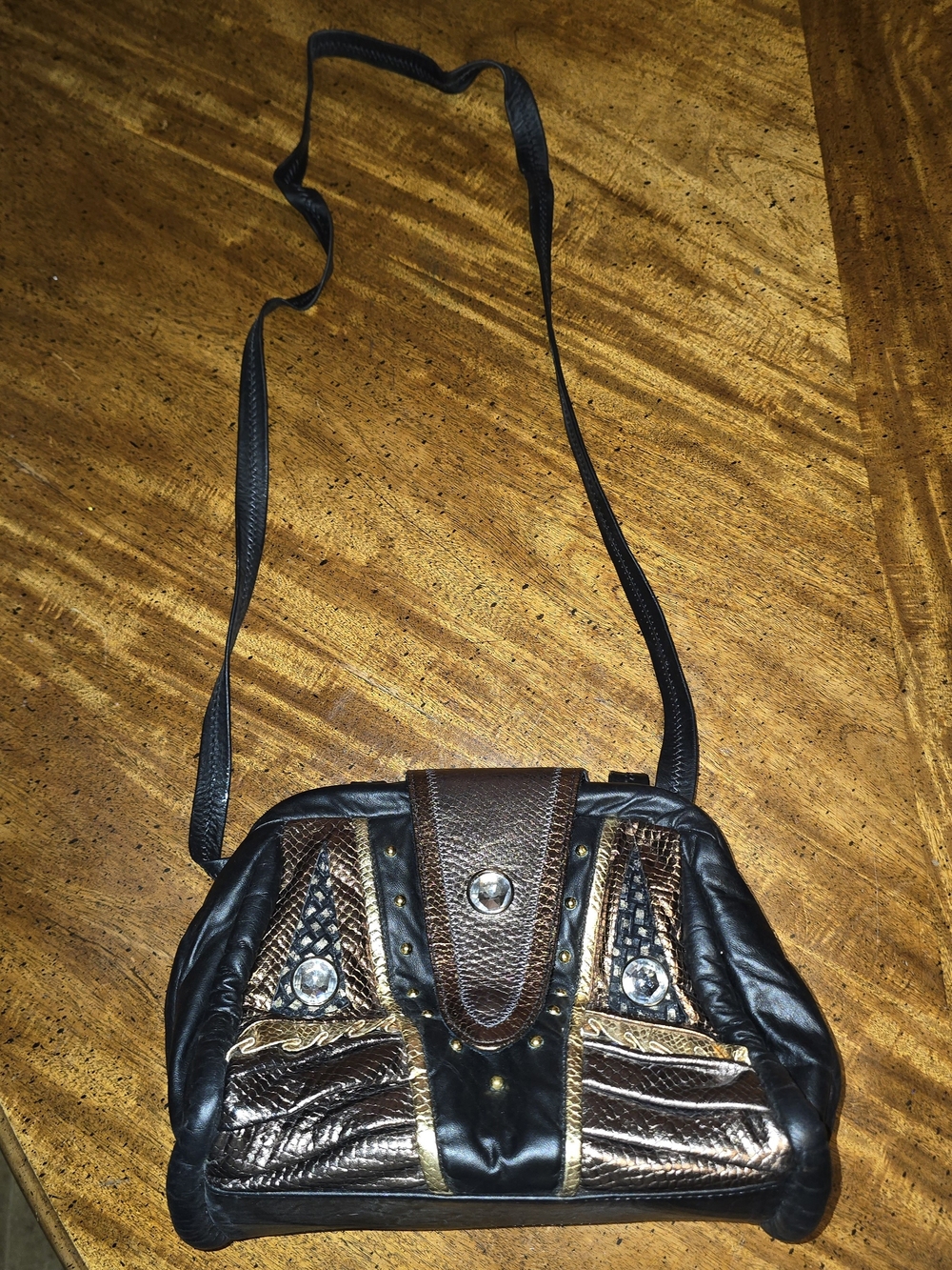 Black and Brown Metallic Accent Crossbody Purse
